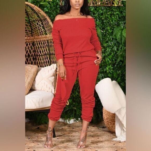 Flamingo Lounge Solid Off-Shoulder‎ Top & Drawstring Red Pants Set Size L - Picture 1 of 9